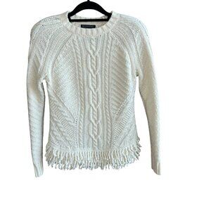 Banana Republic Ivory Merino Wool Blend Cable Knit Fringe Sweater Size Medium